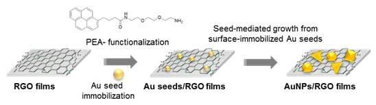 Seed mediated growth of Au nanoplates on the functionalized reduced graphene oxide films for surface enhanced Raman scattering — 대표 그림