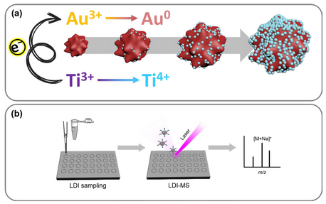 Laser desorption/ionization on Au@TiO2 core@shell nanoparticles for mass spectrometric analysis of small molecules — 대표 그림