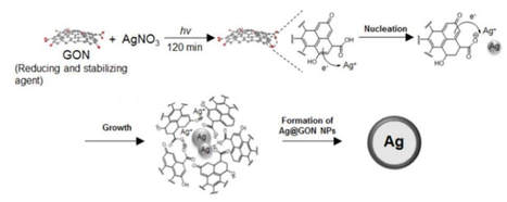 Facile one-pot photosynthesis of stable Ag@graphene oxide nanocolloid core@shell nanoparticles with sustainable localized surface plasmon resonance property under harsh conditions — 대표 그림